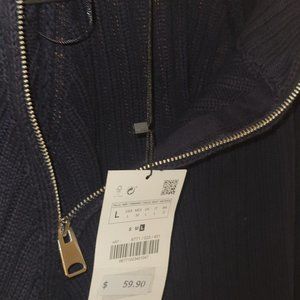 ZARA Diagonal Zip Ribbed Sweater (Navy Blue/Large)